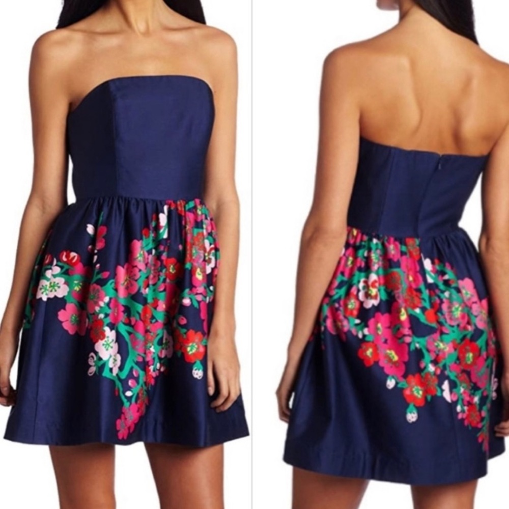 Lilly Pulitzer Strapless Navy Floral Lottie dress size 10